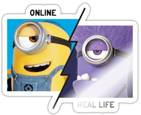 Spreadshirt Minions Stuart Online Vs. Real Life Despicable Me Sticker, max. 10 x 10 cm, 10 x 10 cm, Weiß glänzend