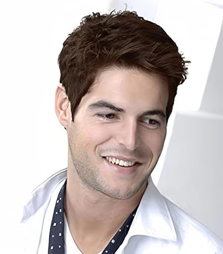 Siudus Dark Brown Mens Short Wigs Natural Replacement Synthetic Fibre Hair Wig for Male Daily Party Use
