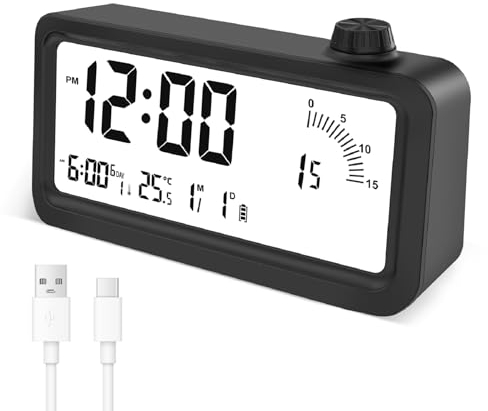 Cuteefun Minuteur Visuel, Reveil Numerique Rechargeable, Compte à Rebours de 60 Minutes avec RétroéClairage, 3 Modes D'alarme, Affichage de Température et de Date, Timer pour Enfants, Études, Noir