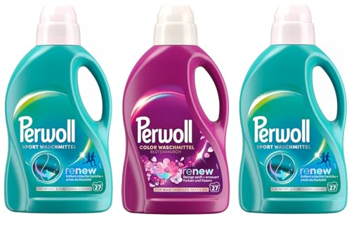 PERWOLL Flüssig-Set 3x 27 Waschladungen (81WL) 1x Color Blütenrausch & 2x Sport, Feinwaschmittel erneuert Farben und Fasern & Hygiene Waschmittel, entfernt schlechte Gerüche