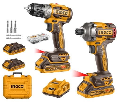 INGCO 20V Cordless Brushless Drill and Impact Driver Twin Kit with 2Pcs 2.0Ah Battery, Charger and Carrying Box CKLI20272E