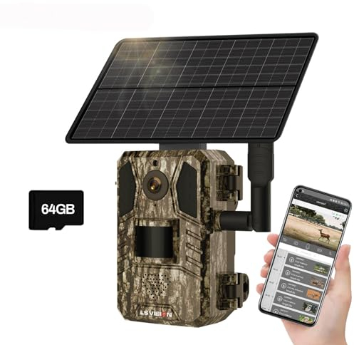4G LTE Solar Wildkamera, 4MP 15fps Solar Wildtierkamera mit Handyübertragung App,PIR Bewegungsmelder, 90°Erfassungs Winkel Bewegungsmelder IP66 Wasserdicht für Wildtierbeobachtung (Wildkamera+64G)