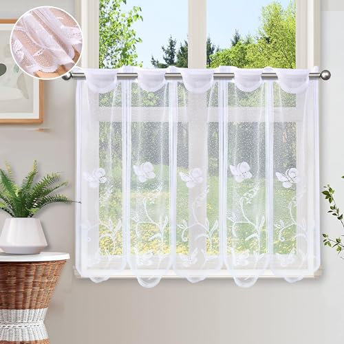 Heveer Cortina Corta para Ventana Visillo de Bistró Cortina Cocina Visillo Semi-sombreado Cortina Opaca Visillo Blanco para Cocina Salón Ventanas Baño 60 * 81cm