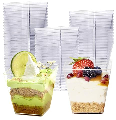 MATANA 96 Clear Hard Plastic Dessert Cups (Square, 225ml) - Sturdy & Reusable - Dessert Pots for Appetisers, Puddings, Mousses, Parfaits, Trifles, Tiramisu, Cheesecakes