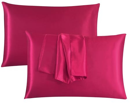 ROOEE Satin Silk Pillowcases for Hair and Skin 2 Pack Standard Size 50x75cm Envelope Closure Pillow Case (FUCHSIA)