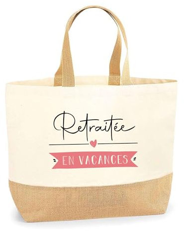 Planetee Sac Retraitée en Vacances | Cabas de Plage Courses Coton et Toile de Jute Idée Cadeau Femme