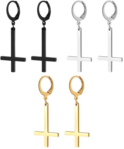 JewelryWe Petruskreuz Ohrringe für Herren Damen: 3 Paar Edelstahl Satanische Ohrringe Huggie Creolen mit Baumelnde Umgekehrt Upside Down Kreuz Unisex Hängende Ohrringe Ohrhänger Religiöses Schmuck