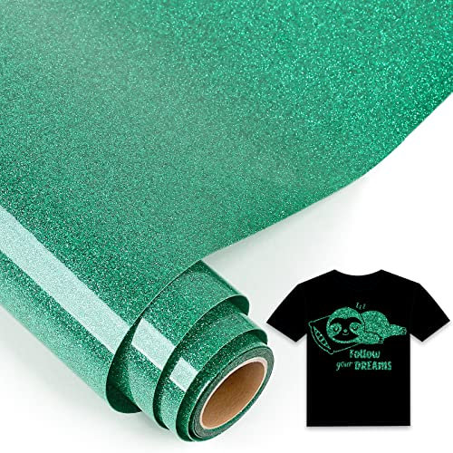 IModeur Glitter Green Iron on Vinyl — 30.5 x 153 cm Heat Transfer Vinyl for Fabric, PET Backing Green Vinyl for T-Shirts, Clothes, Hats, Bags and Other Textiles, HTV Vinyl Roll Easy to Weed