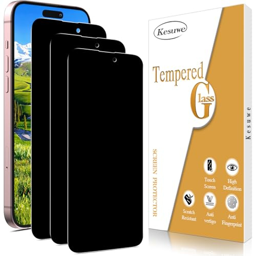 Kesuwe [3 Piezas Protector Pantalla de Privacidad para iPhone 16 Plus, Anti Espía, Dureza 9H Cristal Templado, Antiarañazos, Antihuellas, Sin Burbujas | Libre de arañazos, antihuellas, dureza 9H, sin burbujas, apto para fundas