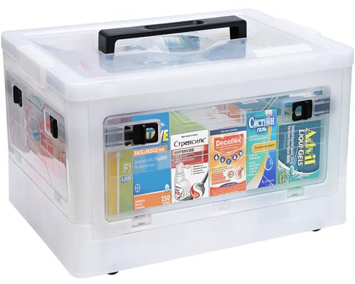 Gifhomfix Extra Large Medicine Storage Box with Handles, First Aid Box Clear Medicine Organiser with Removable Tray, Multipurpose Plastic Medication Storage Box with Wheels