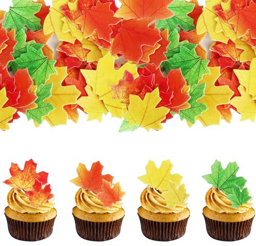 Xsstarmi 50 Pack Edible Maple Leaves Cupcake Toppers Rice Paper Autumn Fall Leaves Cupcake Picks Decoration for Thanksgiving Theme Baby Shower Kids Birthday Party Cake Decorations Supplies