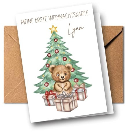Meine Erste Weihnachtskarte personalisiert für Baby´s 1. Weihnachten – Niedliche Tiermotive –Weihnachtsgrußkarte mit Name für Babys | DIN A6 Faltkarte (Bär)