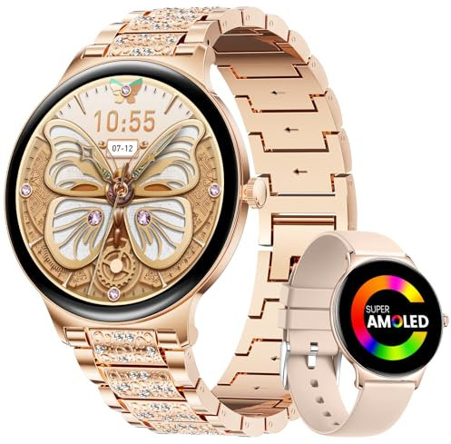 ESFOE Smartwatch Damen mit Telefonfunktion, 1,43'' AMOLED Diamond Smartwatch mit 121 Sportmodi, Menstruationszyklus, Schlafmonitor, IP68 Wasserdicht Fitnessuhr für iOS Android