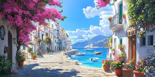 Peinture Numero adulte Petite Ville Peinture par Numéros Bateau Peinture par Numéro Kits pour, avec Pinceaux Peinture de Dessin de Pigment acrylique par Tableau Decoration Murale 100x300cm(Sans Cadre)