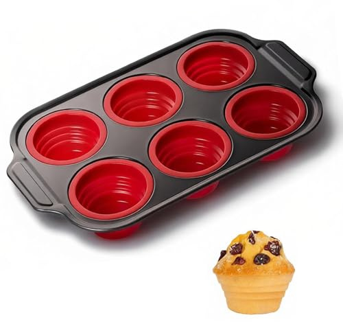 YiYeraio Foldable Silicone Muffin Trays, 6 Cups Cupcake Tray, Press to Release, Non-Stick Silicone Muffin Cup, Non-Stick Muffin Cupcake Tin, Baking Mould for Muffins or Cupcakes, Bakeware