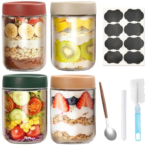 Liliume 4-pack Overnight Oats Gläser 500ml Farbmischset Overnight Oats Behälter Meal Prep Gläser für Snacks Joghurt Gewürzzucker(Pack of 4)
