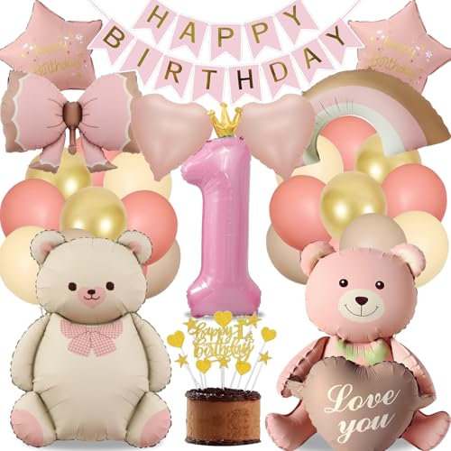 1. Geburtstag Mädchen Bär Deko Party, Luftballon Geburtstag 1 Jahr Rosa Gold, Kindergeburtstag Deko Liebe Regenbogen Bogen, Happy Birthday Banner und Tortendeko (Geburtstagsdeko 1 Jahr Mädchen Set)