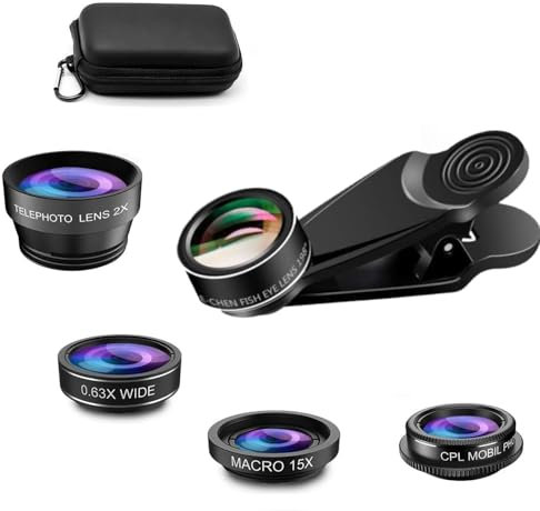 Bailonda lente per smartphone 5 in 1,198°obiettivo fisheye,0.63X obiettivo grandangolare,12,5 x obiettivo macro, CPL teleobiettivo per smartphone compatibile con iPhone e la maggior parte (scuro)