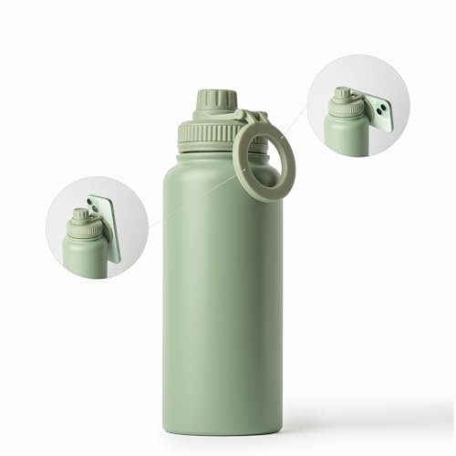 Botella de agua con aro magnetico para el movil y antiderrame. Botella de acero inoxidable 1L BPA free que mantiene el frio o el calor. Botella termica para el gym u oficina. (Light Olive Green)