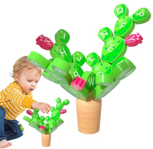 Bsbkoj Kaktus Stacking Baby Toy, Holz-Balance-Spiel | Kaktus-Puzzle zum Stapeln mit Alphabet-Design, Lernzweige für Kinder von 3 bis 8 Jahren, Mädchen