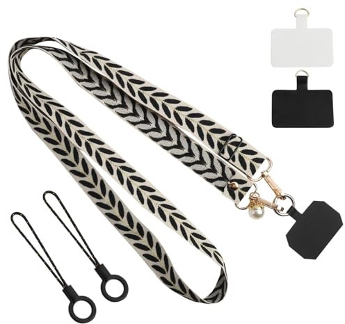 KeyQueen Cuerda para Movil, Cordón de Correa Colgante para Movil Universal Ajustable con 2 Parche, Colgador Móvil Cuello para Mujeres Multifuncional para Todos los Smartphones(Negro)