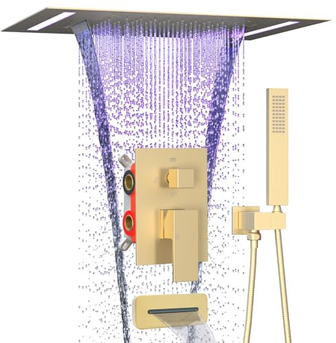 GETSHOWERSET Brushed Gold 14x20inch LED Rain Shower Head System with Handheld, Thermostatic Mixer Valve, Tub Spout, 2-in-1 Ceiling Mount Shower Faucet Set