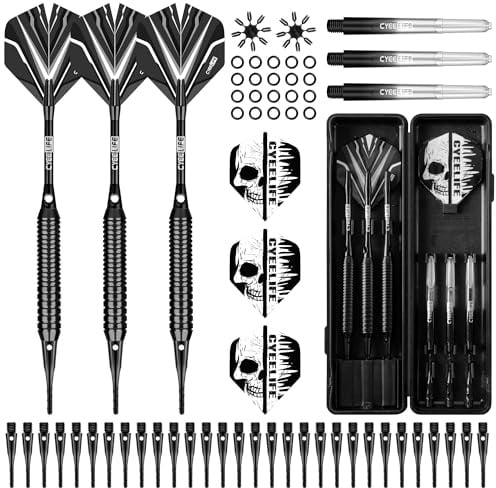 CyeeLife Brass Soft Darts Set mit Kunststoff-Spitze | 3 Dartpfeile mit 6 Schäften & 6 Flights & 30 Spitzen & 2 Flights Protector & Dart Case | Dartpfeile mit kunststoffspitze | Profi Soft Dartpfeile