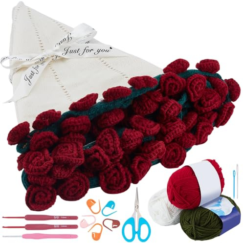 FREEBLOSS Crochet Flower Bouquet Kit Handmade Roses Bouquet Blanket Crochet Kit for Adults Knitted Throw Blankets for Gift Birthday Home Decor