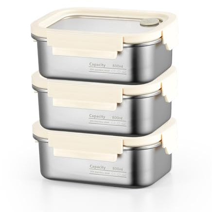 PORFOYO Edelstahl Frischhaltedosen mit Deckel, 3 Stück Auslaufsichere Meal Prep Boxen, Stapelbare Vorratsdosen mit Deckel Luftdicht, Edelstahl Brotdose für Küche Speisekammer und Kühlschrank, 800ml