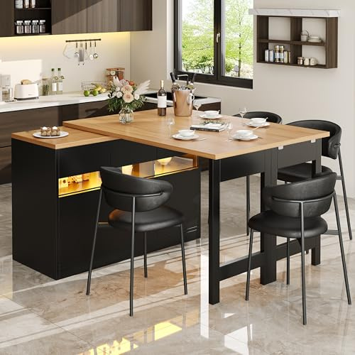 Merax Ausziehbarer Bartisch mit Stauraum,360°drehbarer Kücheninsel Küchentheke Küchenbartisch,mit klappbarem Ausziehtisch,LED-Beleuchtung,für Esszimmer Wohnzimmer Homeoffice,Schwarz/120-180x80x75.8cm