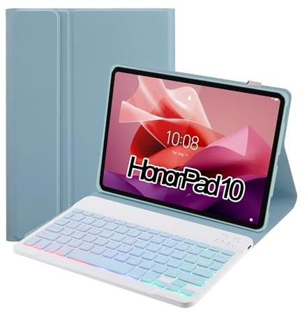 SUEEWE Tastatur Hülle für Honor Pad 10 12.1, TPU Rückseite Hülle mit 3 Bereich 7 Farbe Beleuchtete Abnehmbarer QWERTZ Tastatur, Blau