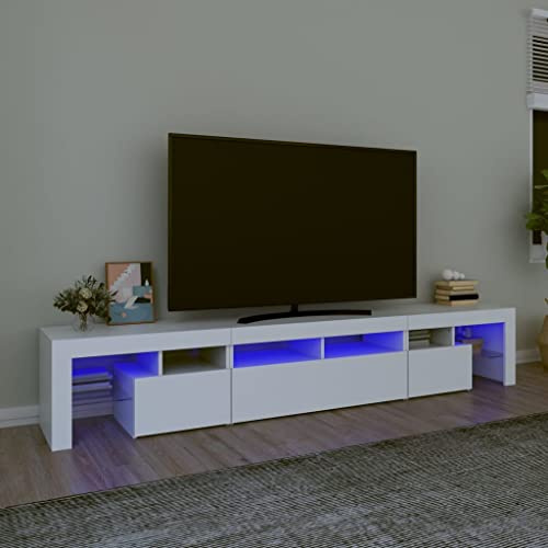 Homvdxl LED TV Stand Unit for up to 100 inch TV, 230cm Modern TV Unit with Glass Shelves & Doors, TV Stand Cabinet for Living Room, Bedroom, Entertainment Room (White)