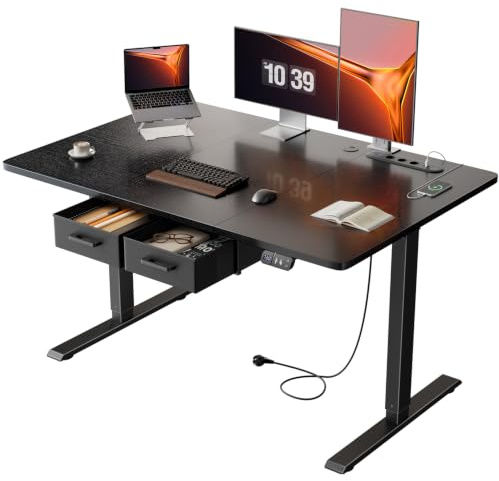 HLONONE Höhenverstellbarer Schreibtisch mit Steckdose, 120x80 cm, Schwarz | 2 AC-Anschlüsse & 3 USB-Anschlüssen, 2 Schubladen, Memory Funktion, 72-117cm Höhenverstellbarer, für Homeoffice