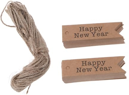 FRCOLOR 100 Stück Kraftpapier Geschenkanhänger mit Happy Year Schriftzug Stabile Kraftpapier Anhänger zum Beschriften DIY Etiketten für Neujahrsdeko und Geschenkverpackung