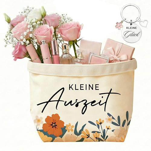 Yezirzax Kleine Auszeit Geschenkkorb Aus Baumwolle, Stoffkorb 37x25x15cm Mit Schlüsselanhänger, Entspannung Geschenk für Frauen, Korb Für Geschenke Mit Druck