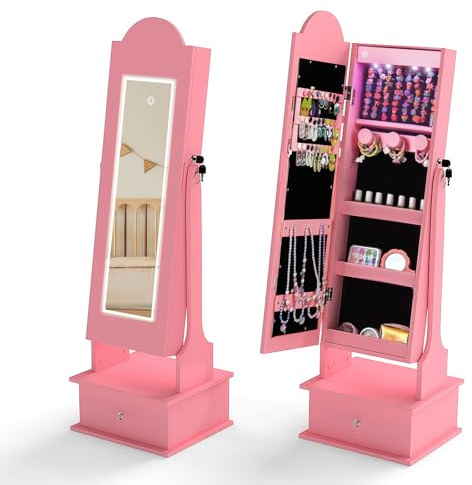 FANTASK Miroir 2 en 1 pour enfant avec éclairage, miroir sur pied, 3 couleurs, 4 lumières LED et tiroir, armoire à bijoux inclinable pour chambre d'enfant (rose)