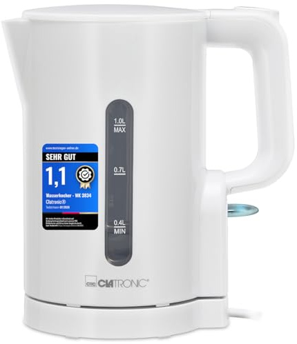 Clatronic® Wasserkocher 1L | 900W | BPA frei | Einhandbedienung | Wasserstandsanzeige | Kettle | Überhitzungsschutz | WK 3834 weiß
