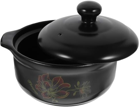 HOMSFOU Olla de Cerámica para Cocinar de 1.6l Tapa Negra, Cazuela de Barro Resistente al Fuego para Estofados y Sopas, Utensilio de Cocina Adecuado para 1-2 Personas en Cocina de Gas