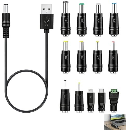 Cable Alimentación USB a DC 5V, Universal Cable USB a DC 5.5x2.1 mm con 13 Conectores Intercambiables (Micro USB/Tipo C/LED y DC 2,5-6,4 mm), Adaptador Alimentación para Router, Cámara CCTV, Luces LED