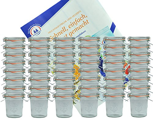 MamboCat 48er Set Weck Gläser 140 ml Sturzgläser mit 48 Glasdeckeln, 48 Einkochringen und 96 Klammern mit Diamant-Zucker Gelierzauber Rezeptheft I Original Weck Einweckgläser für Kuchen Gelees UVM