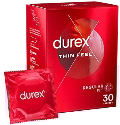 Durex Thin Feel, 30 Condoms, With Silicone Lube, Easy On Shape, Regular Fit, Natural Latex, Thin for More Sensitivity, Same Durex Security and Protection, Teat Ended
