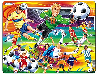 Larsen Puzzle US22 Action auf dem Fußballplatz, 65 Teile, Kinderpuzzle ab 6 Jahren, Fußball Lern‑ & Spaßpuzzle, stabile Figurteile & Tablett, Made in Norway
