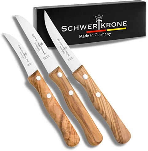 Schwertkrone Solingen Lot de 3 couteaux à fruits et légumes de qualité supérieure, manche en bois d'olivier, en acier inoxydable, couteaux à éplucher, fabriqués en Allemagne