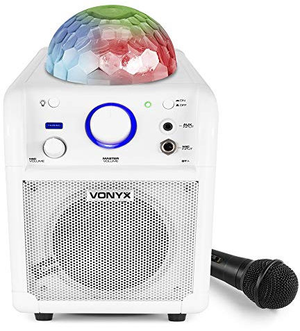 Vonyx SBS50W Kids Karaoke Machine with Wired Microphone, Bluetooth Karaoke Speaker and Colourful LED Party Lights, Portable Rechargeable Singing System, White