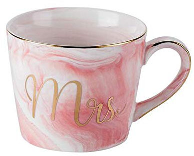 Uhat Marble Ceramic Coffee Mugs with Gilded Edge “Mr & Mrs” Letters Couples Tea Cup for Men Women 12oz (Mrs Pink)