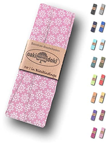 Sandras-Bastelladen Schrägband/Einfassband Baumwolle gefalzt 3m x 20mm - Gänseblümchen Muster 4016-Rosa-Weiß