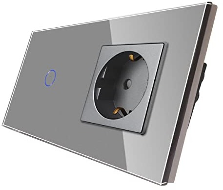 CNBINGO Interruttore Dimmer Con Presa Schuko Da Incasso - Per Luci LED - Luce Touch Semplice in Grigio - Da Parete Con Cornice in Vetro e LED Di Stato