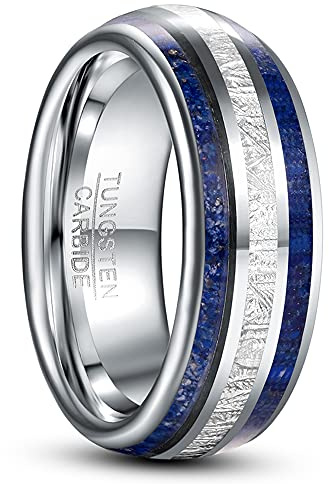 TUNGSTORY Wolfram Ringe 8mm Meteoritenimitat und Blue Lapislazuli Inlay Hochzeit Ring für Herren Damen Komfort Fit Größe 54.4 bis 70