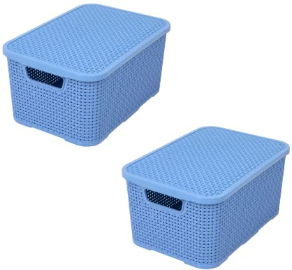 BranQ - Home essential Korb mit Deckel in Rattan Design 2er Set Grösse L 19 l, BPA-frei Kunststoff PP, Denim Blau, 38x27,8x18,5 cm, 2 Stk.