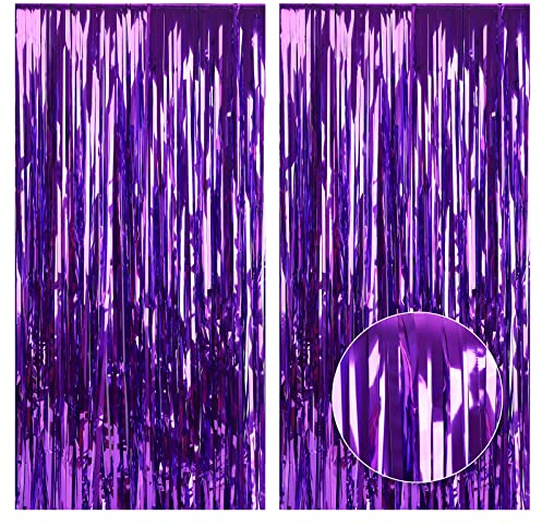 2 Stück Lametta Metallic Vorhänge 1 x 2 m Tinsel Folie Vorhang Tür Fenster Bunt Foto Hintergrund Vorhang DIY Photo Booth Funkeln Vorhängen Dekoration für Partydekor Geburtstags Faschingsdeko (Lila)